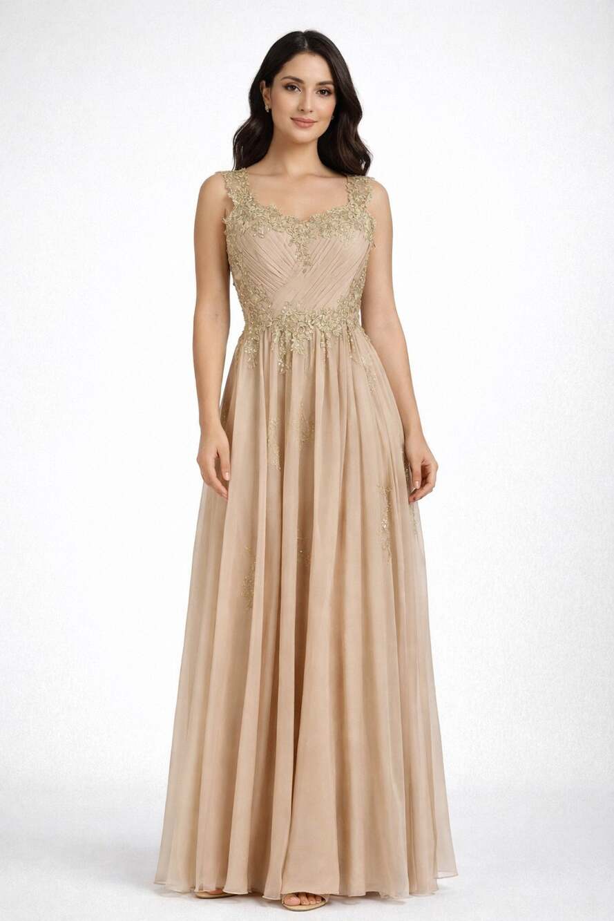 La Femme Gold Floral Applique Formal Bridesmaid Maxi Dress Womens Size 6